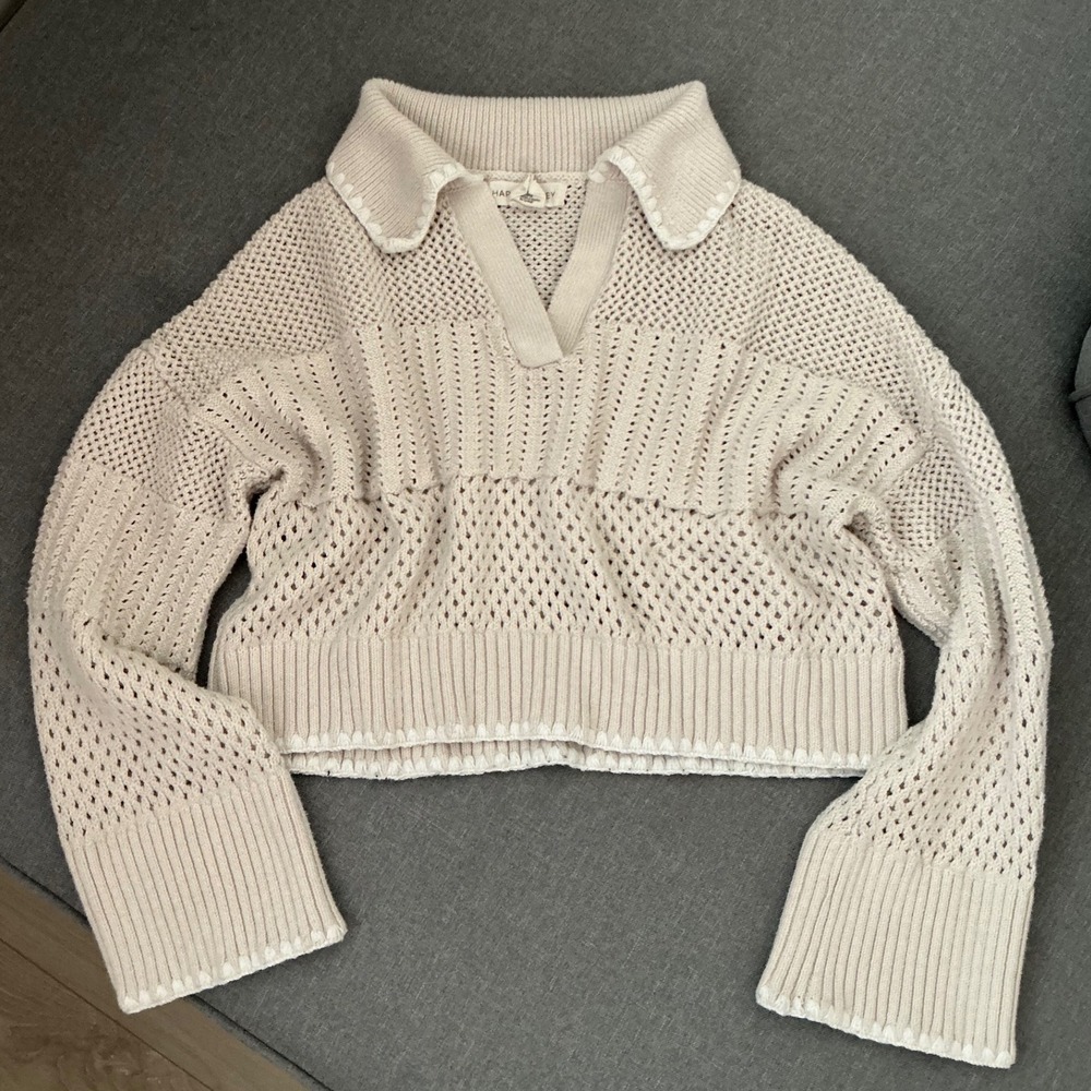 Happily Grey Cream Open Knit Polo Sweater Cropped V-Neck XS